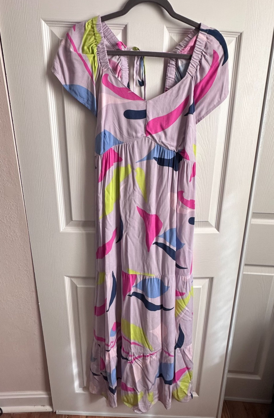 Ingrid & Isabel Colorful Abstract Flutter Sleeve Maxi Maternity Dress Pink Large